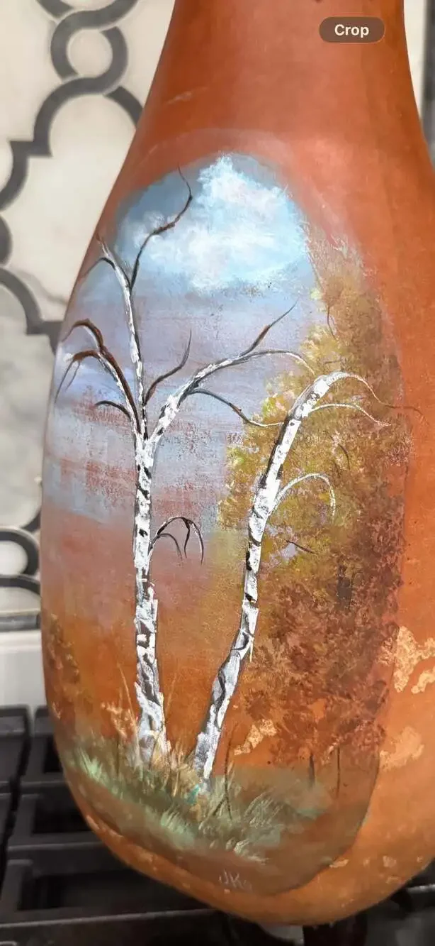 Hand Painted Birch Tree Folk Art Gourd Vase Signed JKo